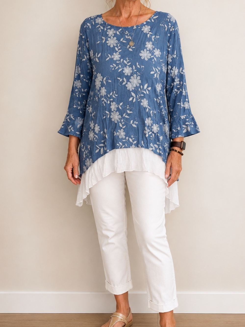 Papillon Blue Floral Layered Tunic Top | Size Large | High-Low Hem